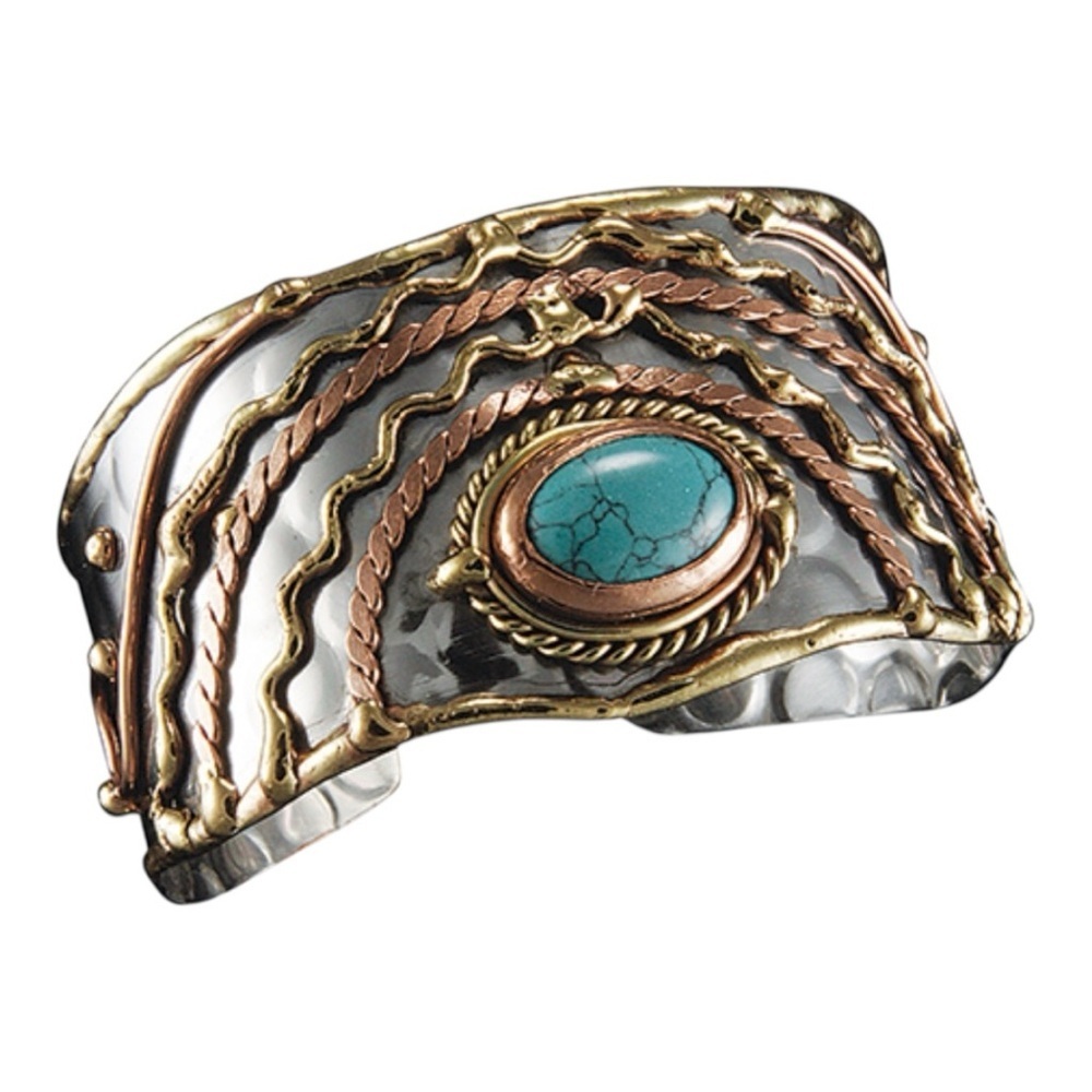 Mixed Metal Cuff Bracelet Adjustable Turquoise Stone Anju Janya Collection NEW